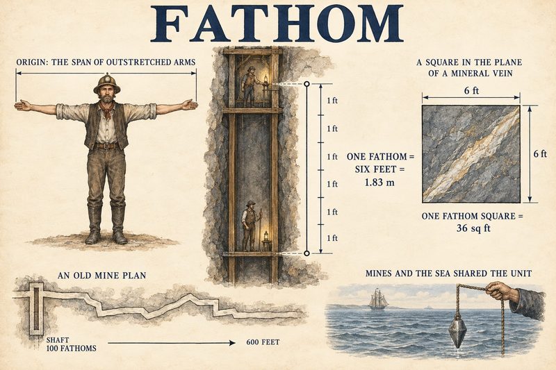 A miner with outstretched arms, a shaft marked off in six feet as one fathom, a six-foot square in the plane of a vein, an old plan at 100 fathoms and a seaman's lead line.