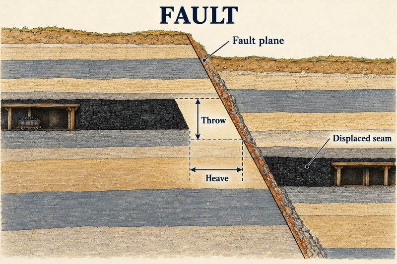 Section of strata cut by an inclined fault plane, with a worked coal seam on one side and the same seam lower on the other, throw and heave marked.