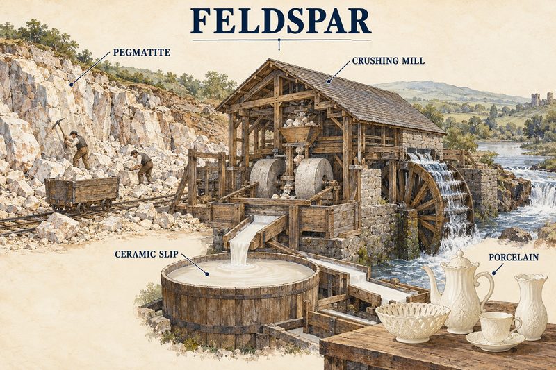 Feldspar quarried and crushed in a water-powered mill on a river, run off as ceramic slip into a tub, with Belleek-style porcelain.