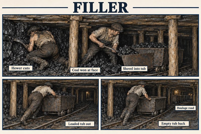 A hewer cuts coal while a filler shovels it into a tub, then pushes the loaded tub out to the haulage road and brings the empty one back.