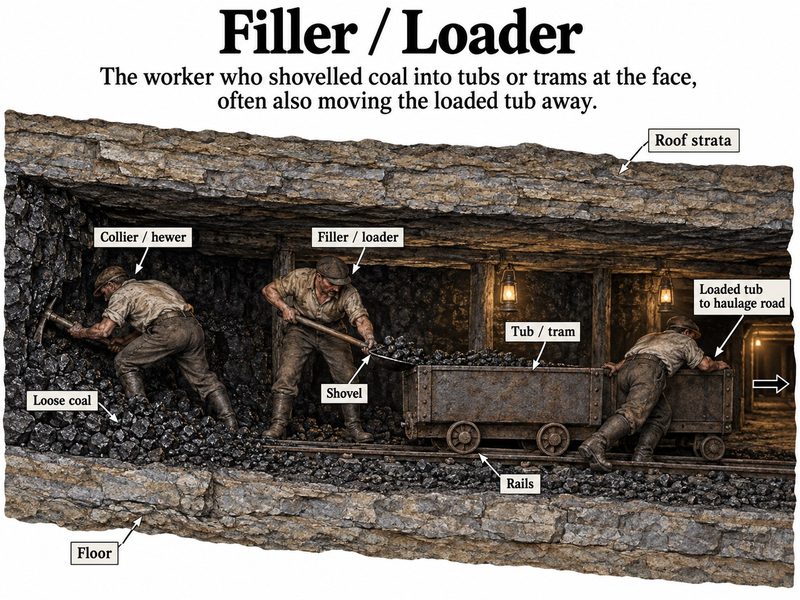 Diagram of a coal face under timber props: a hewer picks coal from the face, a filler shovels the loose coal into a tub on rails, and a third man pushes the loaded tub away towards the haulage road.