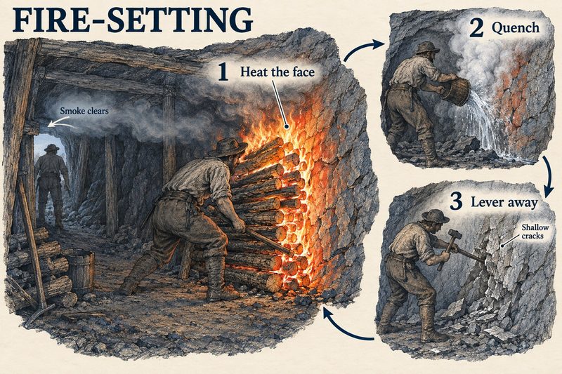 Three stages of fire-setting: a fire stacked against a rock face, the hot rock quenched with water, and the cracked stone levered away.