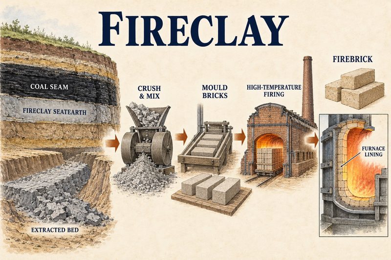 Diagram of a fireclay seatearth worked from beneath a coal seam, then crushed, moulded, fired at high temperature into firebrick and built into a furnace lining.