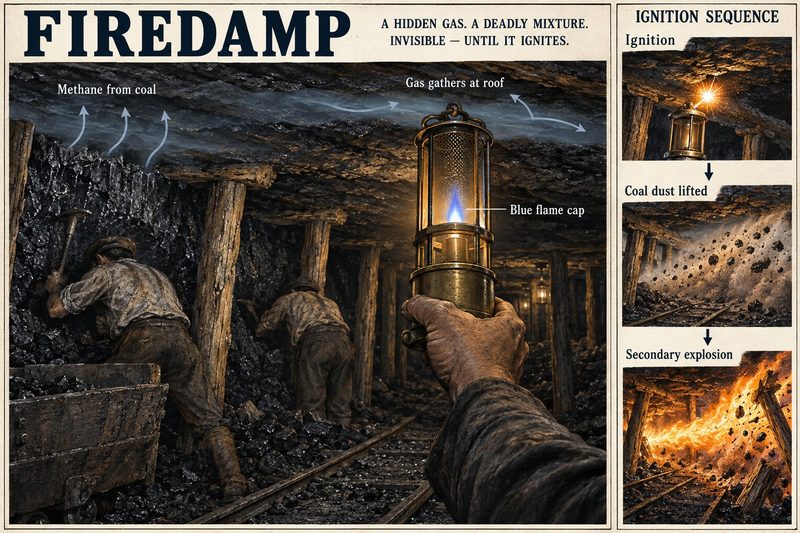 Methane rises from the coal and gathers at the roof above working miners, shown by a blue cap on a safety-lamp flame, beside an ignition, dust and explosion sequence.