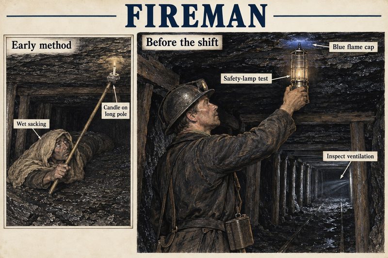 An early fireman in wet sacking reaches a candle on a pole towards the roof, beside a later fireman testing with a safety lamp for a blue flame cap.