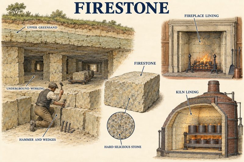 An underground firestone working in the Upper Greensand with a man splitting blocks by hammer and wedges, a block of the hard siliceous stone, and its use lining a fireplace and a kiln.