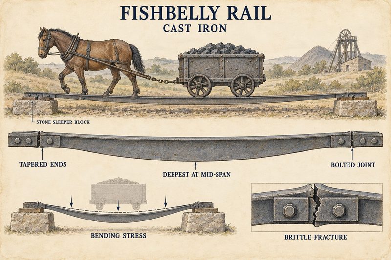 Technical diagram of short cast-iron fishbelly rails with deep mid-spans, tapered ends, stone sleeper blocks and vulnerable bolted joints.