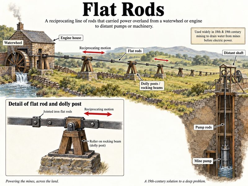 A waterwheel driving a long line of jointed rods across the fields on timber posts to work the pumps in a distant shaft.