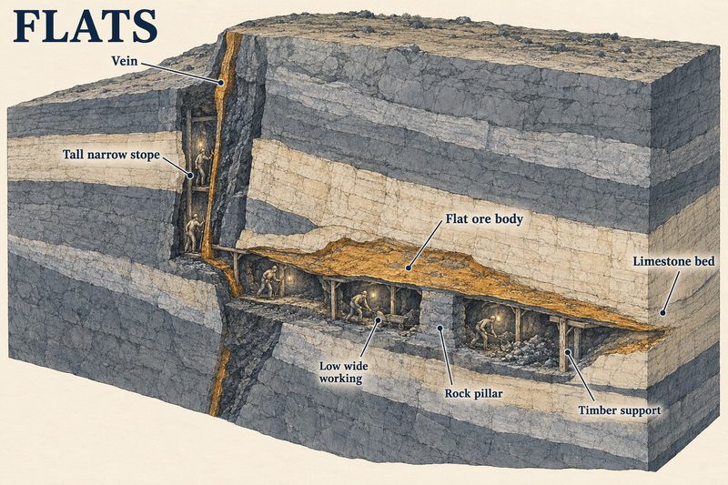 Cutaway of a vein worked as a tall narrow stope, spreading sideways into a limestone bed as a low, wide flat held up on a pillar and timber.