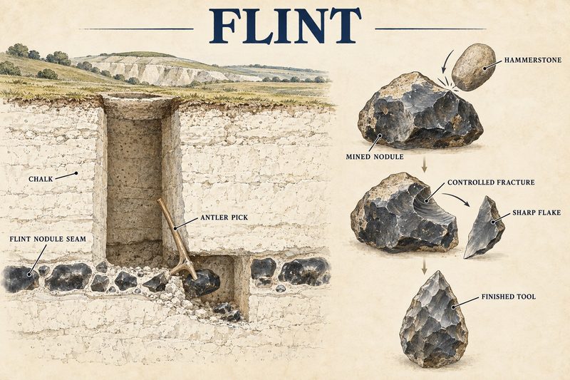 Section of a shaft sunk through chalk to a flint nodule seam worked with an antler pick, beside the knapping sequence from hammerstone blow through controlled fracture to a finished tool.