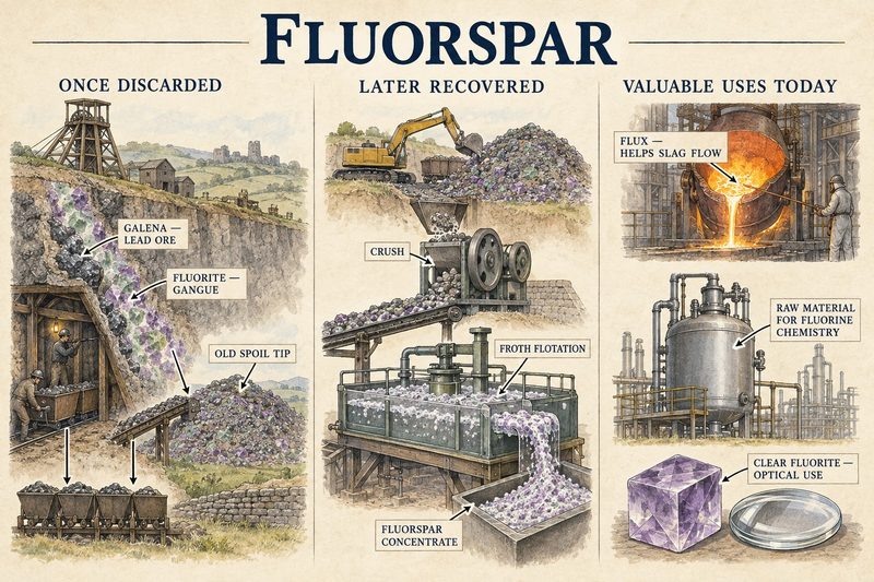 Three panels showing fluorite thrown on old lead-mine spoil, later recovered by crushing and froth flotation, and used as flux and for fluorine chemistry.