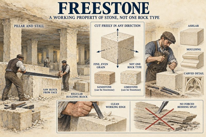 Pillar-and-stall workings with a block sawn from the face, a cube showing stone cut freely in any direction, sandstone and limestone examples, and ashlar, moulding and carved tracery.