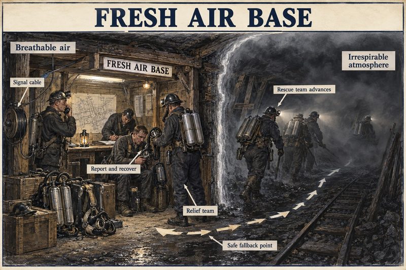 A rescue team in breathing apparatus advances from a fresh air base with a telephone, plans and spare sets into a smoke-filled roadway, a relief team ready behind.