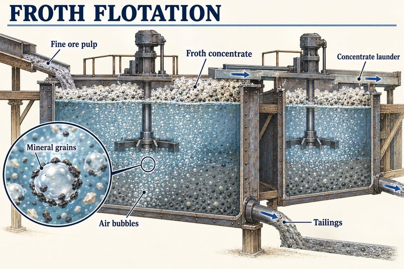 A bank of flotation cells, air bubbles lifting mineral grains into a froth that spills into a launder while tailings leave below.