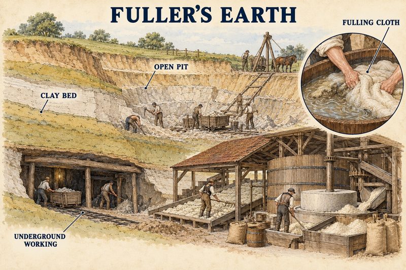 Fuller's earth dug from an open pit and an underground working into a drying and milling shed, with an inset of cloth being fulled.