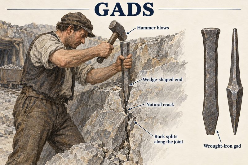 Diagram of a miner hammering a wrought-iron gad into a natural rock joint, with separate views of the wedge-shaped tool.