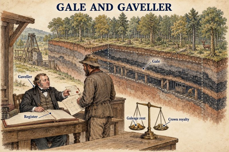 The Gaveller registering a free miner's gale, a plot of underground coal beneath a forest, with galeage rent and Crown royalty weighed on scales.