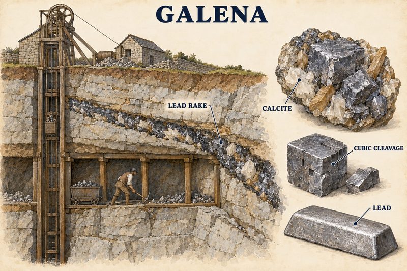 A lead rake worked from a shaft, a specimen of galena with calcite, a cube showing cubic cleavage, and a pig of lead.