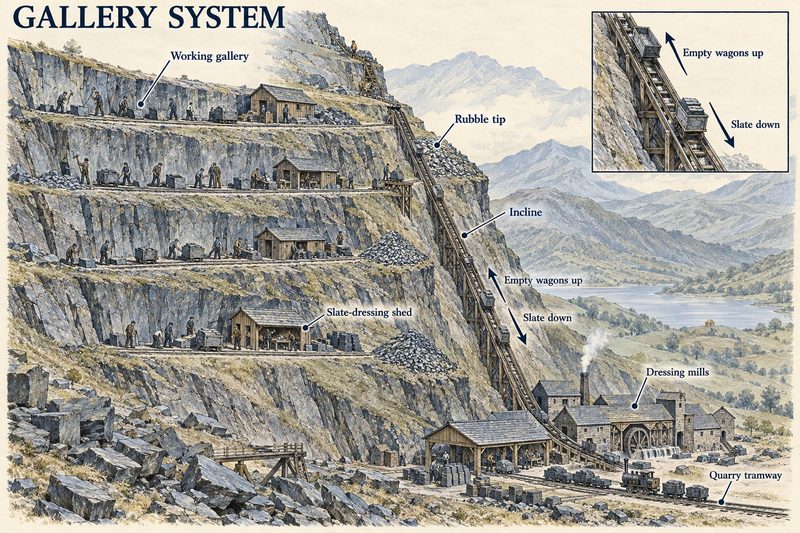Stepped galleries climbing a slate hillside, each with its own tip and dressing shed, linked by an incline down to the mills and tramway.