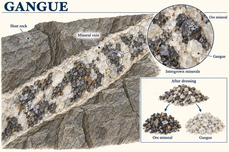 A mineral vein in grey host rock with ore and gangue crystals intergrown, and the two separated into heaps after dressing.