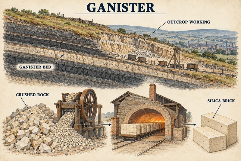A pale ganister bed in the Coal Measures worked along its outcrop, crushed, fired in a kiln and made into silica brick.