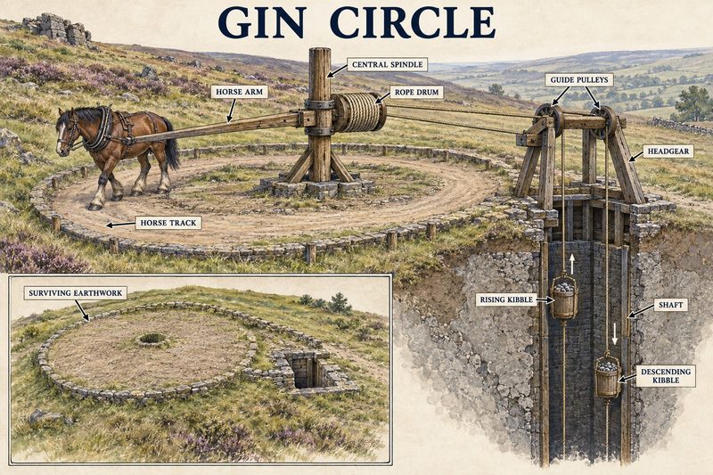 Reconstruction of a horse gin circle with circular track, central spindle and rope drum winding two kibbles through headgear over a shallow shaft.