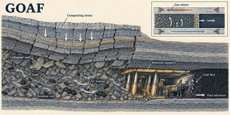 Cutaway of a longwall face, a shearer working under powered supports with the collapsed, broken ground of the goaf behind them.