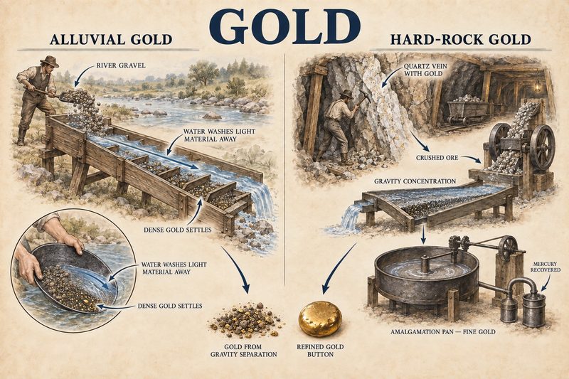 Two halves comparing a sluice and pan on a river gravel with a hard-rock quartz vein crushed and run over an amalgamation pan.