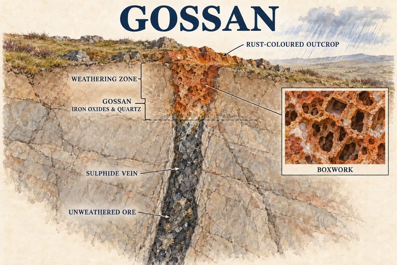 Cross-section of a sulphide vein weathering at surface into a rust-coloured gossan of iron oxides and quartz, with an inset showing boxwork cavities.
