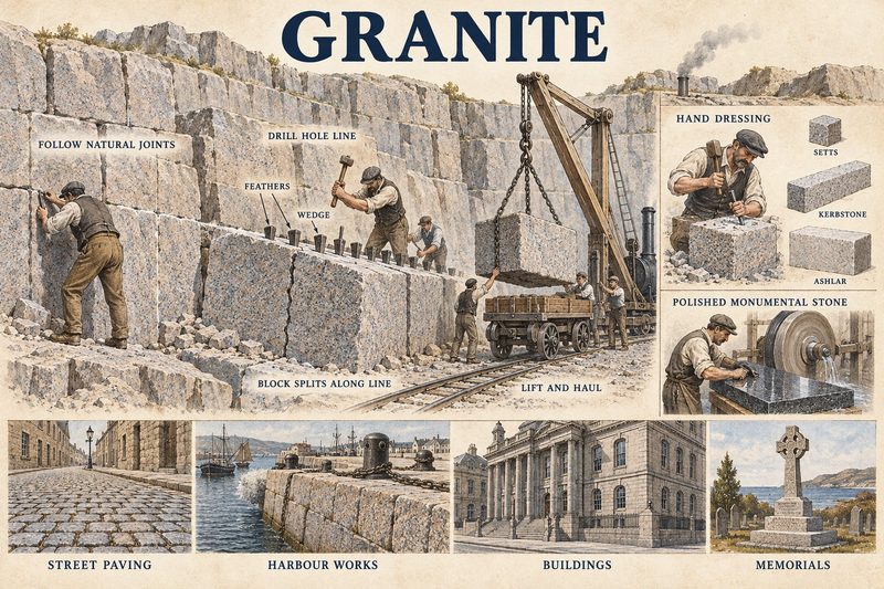 Quarrymen following natural joints and splitting a block along a line of plug and feather wedges, with hand dressing to setts, kerbstone and ashlar.
