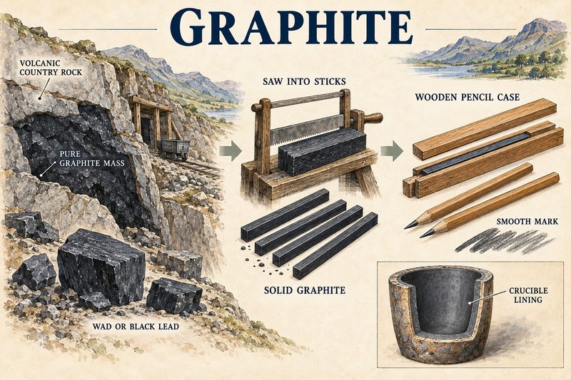 Diagram of a pure graphite mass in volcanic country rock, sawn into solid sticks and set into a wooden pencil case, with an inset of a graphite crucible lining.