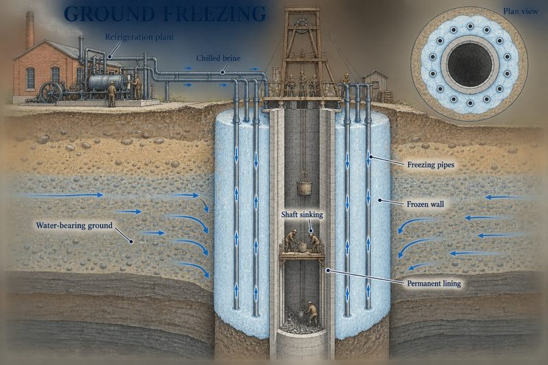 Cutaway of a shaft sunk inside a ring of freezing pipes, the frozen ground forming a wall that turns water-bearing gravels aside.