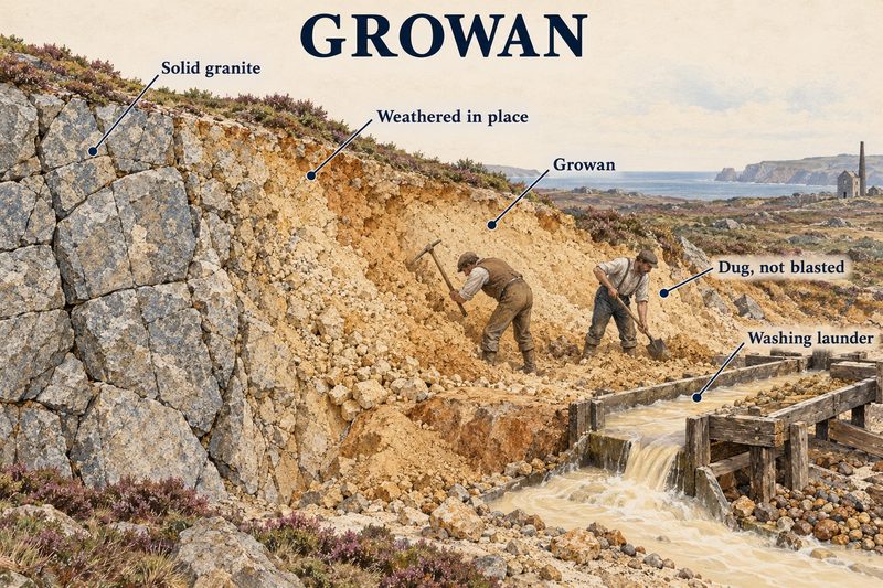 Solid granite grading into soft weathered growan, dug by pick and shovel rather than blasted, and washed down a launder.