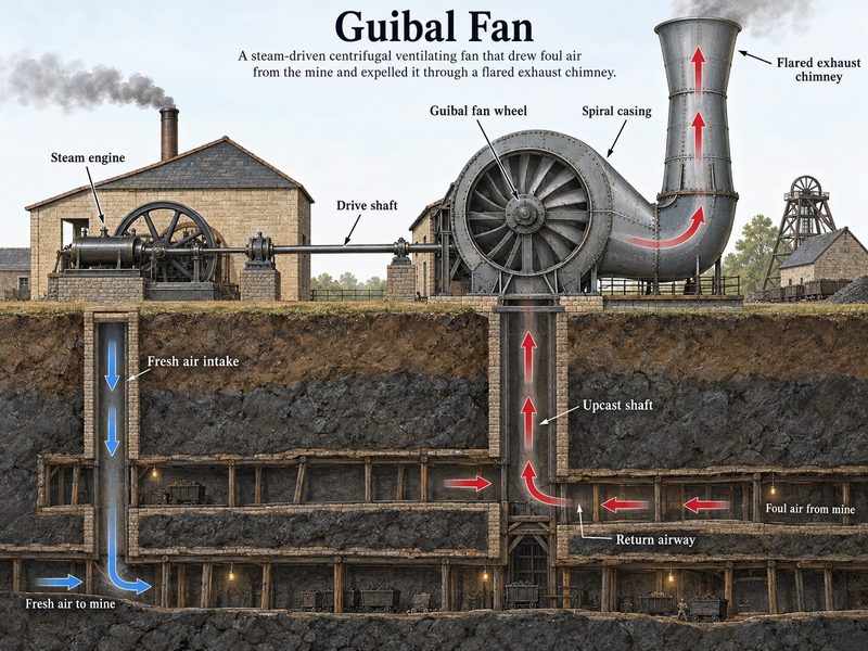 Cutaway of a colliery with a steam-driven Guibal fan in a spiral casing over the upcast shaft, drawing air through the workings.