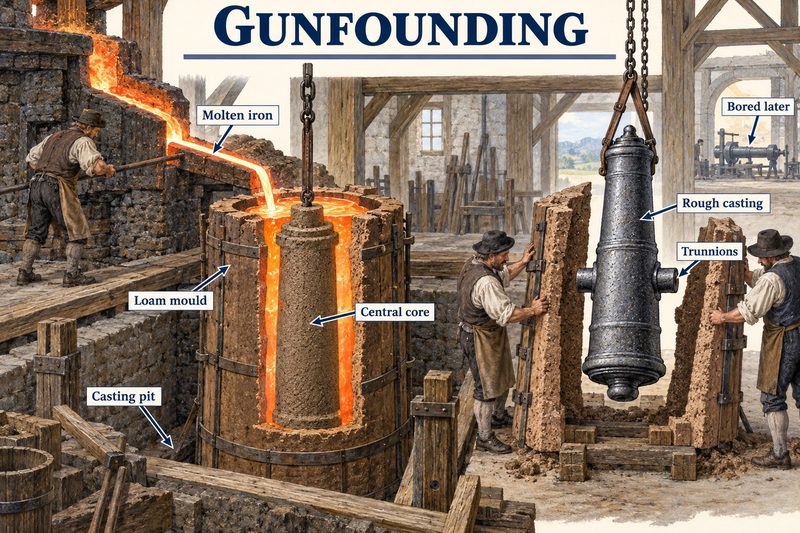 Molten iron run into an upright loam mould round a central core, and a cooled rough-cast cannon with trunnions hoisted out beside it.