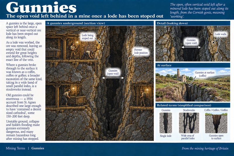 Section along a tall, narrow chasm left where a lode was stoped out between timbered levels, with the same void open at the surface.