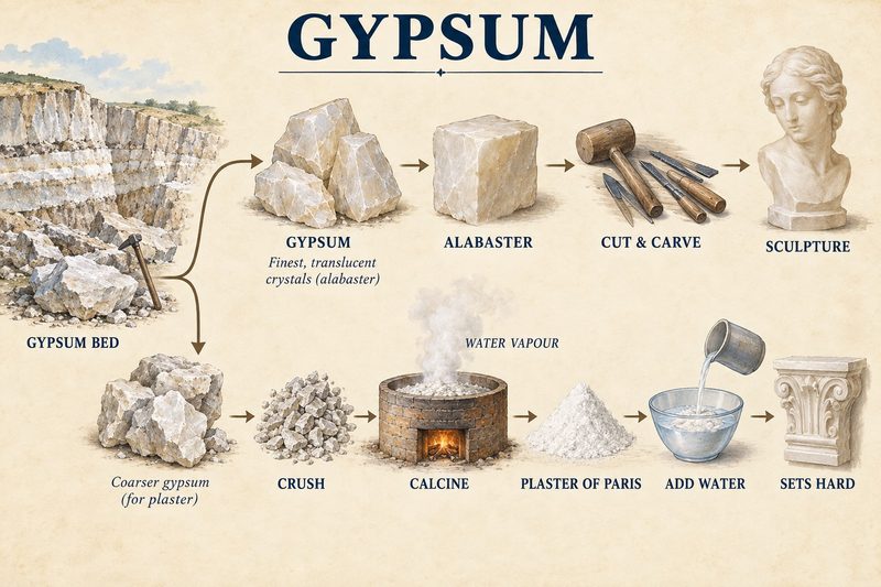 Diagram branching from a gypsum bed into alabaster cut and carved into sculpture, and coarser gypsum crushed and calcined into plaster of Paris that sets hard when water is added.