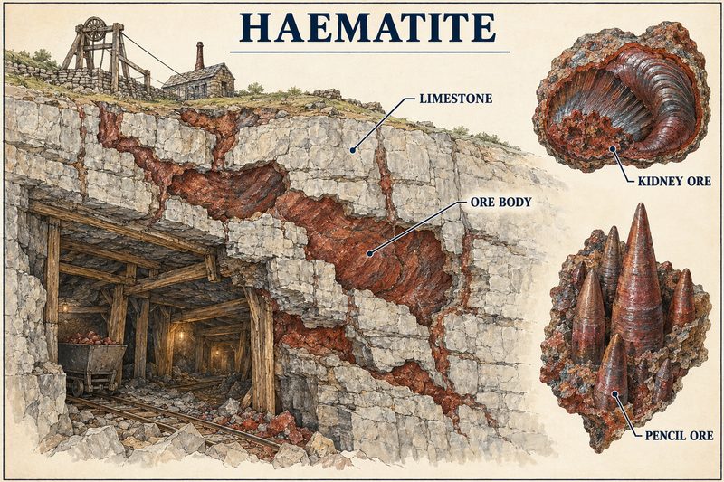 A red haematite ore body replacing limestone, worked from a level, with specimens of kidney ore and pencil ore.