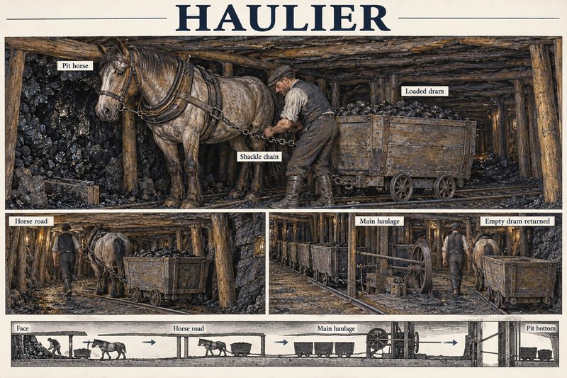 A haulier shackles his horse to a loaded dram at the face, with scenes on the horse road and at the main haulage and a strip from face to pit bottom.