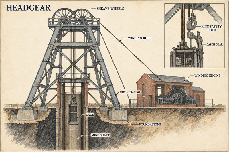 Technical diagram of steel mine headgear carrying sheave wheels and winding rope above a shaft, with cage and overwind safety equipment.