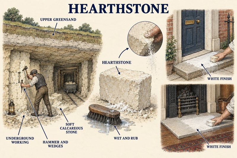 An underground hearthstone working in the Upper Greensand, a crumbly block of the soft calcareous stone, a wet brush, and the stone rubbed to a white finish on a doorstep and a hearth.