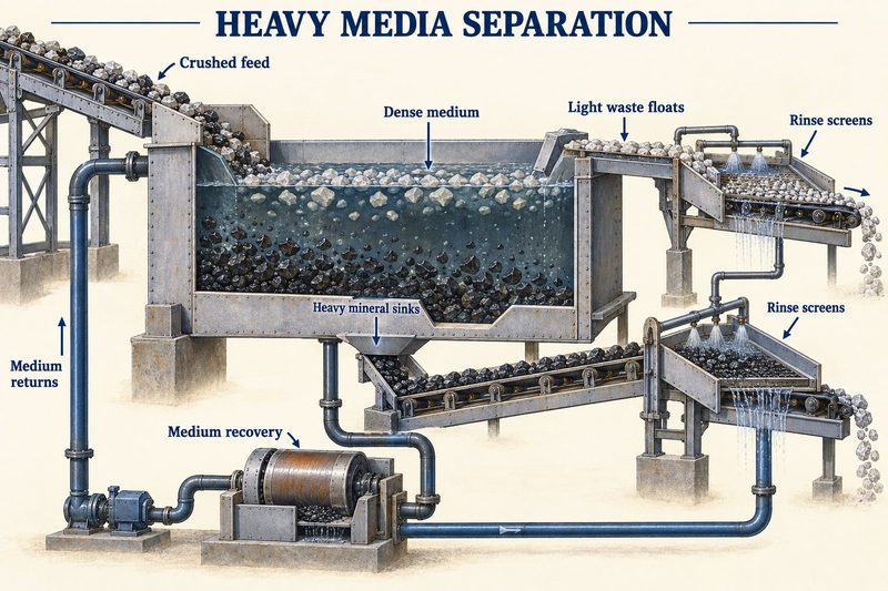 A heavy media plant where light waste floats and heavy mineral sinks in a dense-medium bath, with rinse screens and magnetic medium recovery.