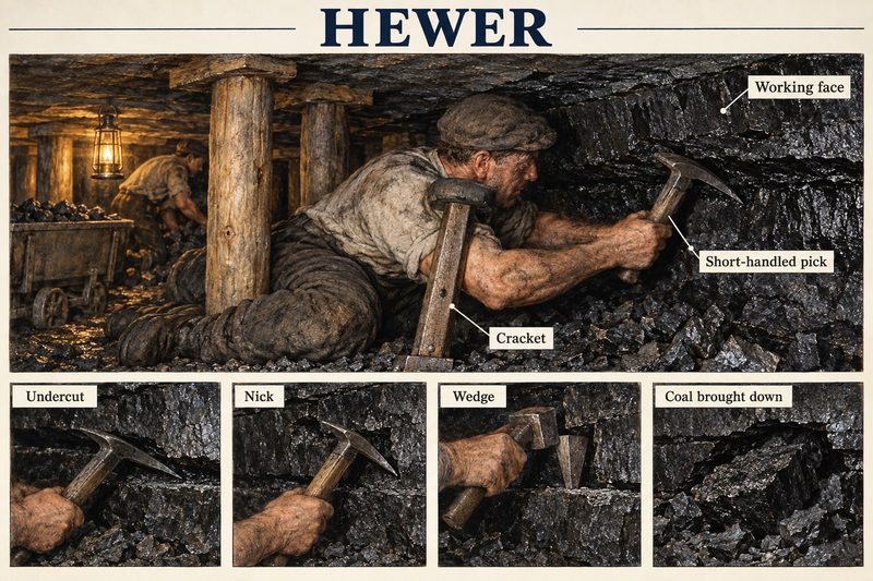 A hewer on his side at the face cuts coal with a short-handled pick, a cracket beside him, above steps showing the undercut, nick, wedge and coal brought down.
