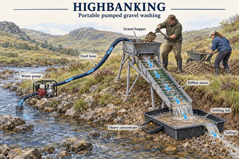 A pump in a stream feeds water to a hopper and riffled sluice on the bank, where two people shovel gravel and heavy concentrate collects below.