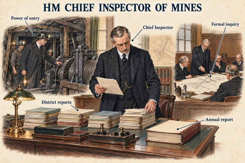 The Chief Inspector at his desk with the district reports and the annual report, flanked by an inspector using his power of entry underground and a formal inquiry over a mine plan.