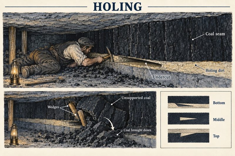 A hewer lying on his side cutting a wedge-shaped groove under a coal seam, with a key to cuts made at the bottom, middle and top of the seam.
