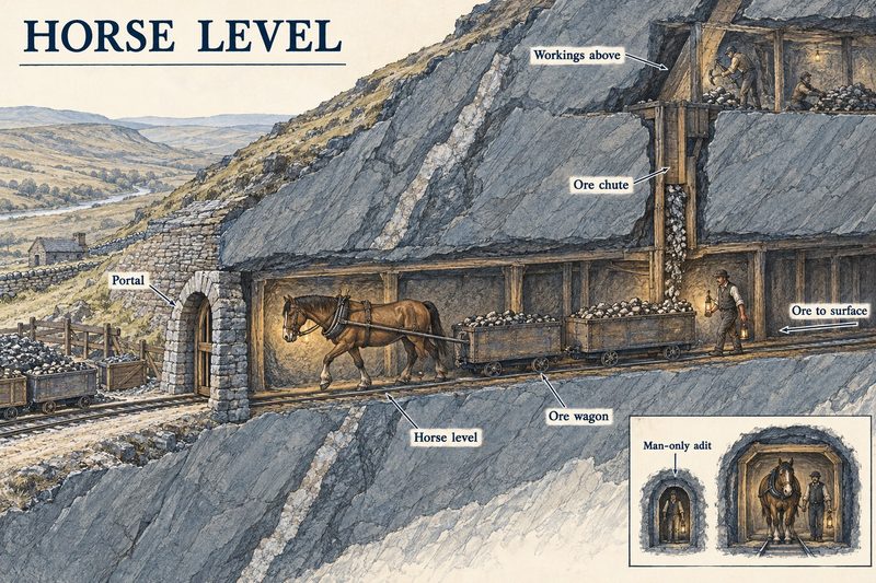 Cutaway of a horse walking a rail track out of a large arched level, hauling loaded ore wagons past a chute from the workings above.