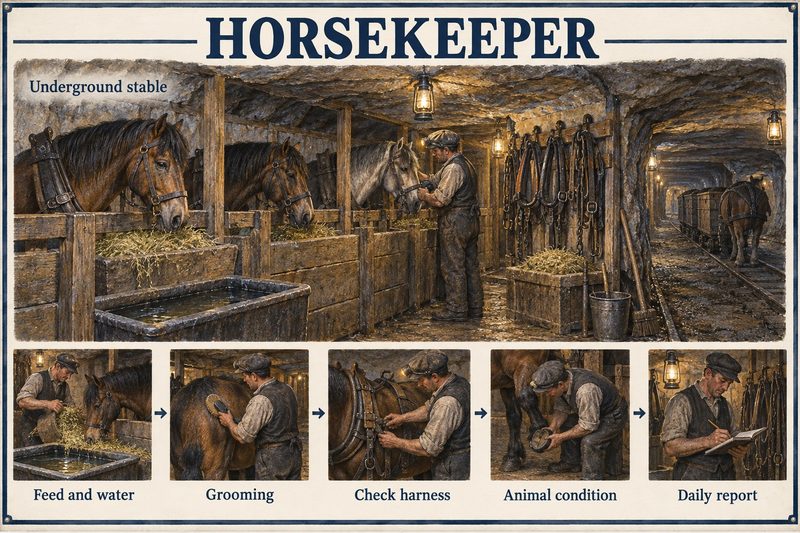 A horsekeeper tends pit ponies in an underground stable, above scenes of feeding and watering, grooming, checking harness, animal condition and a daily report.
