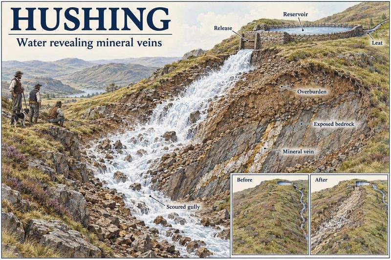 Water released from a reservoir on the hilltop scours a gully, stripping overburden to expose bedrock and a mineral vein, with before and after views.