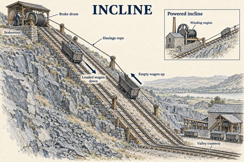 Two rail tracks down a steep hillside, a loaded wagon descending while it hauls an empty one up, controlled by a brakesman at the drum.